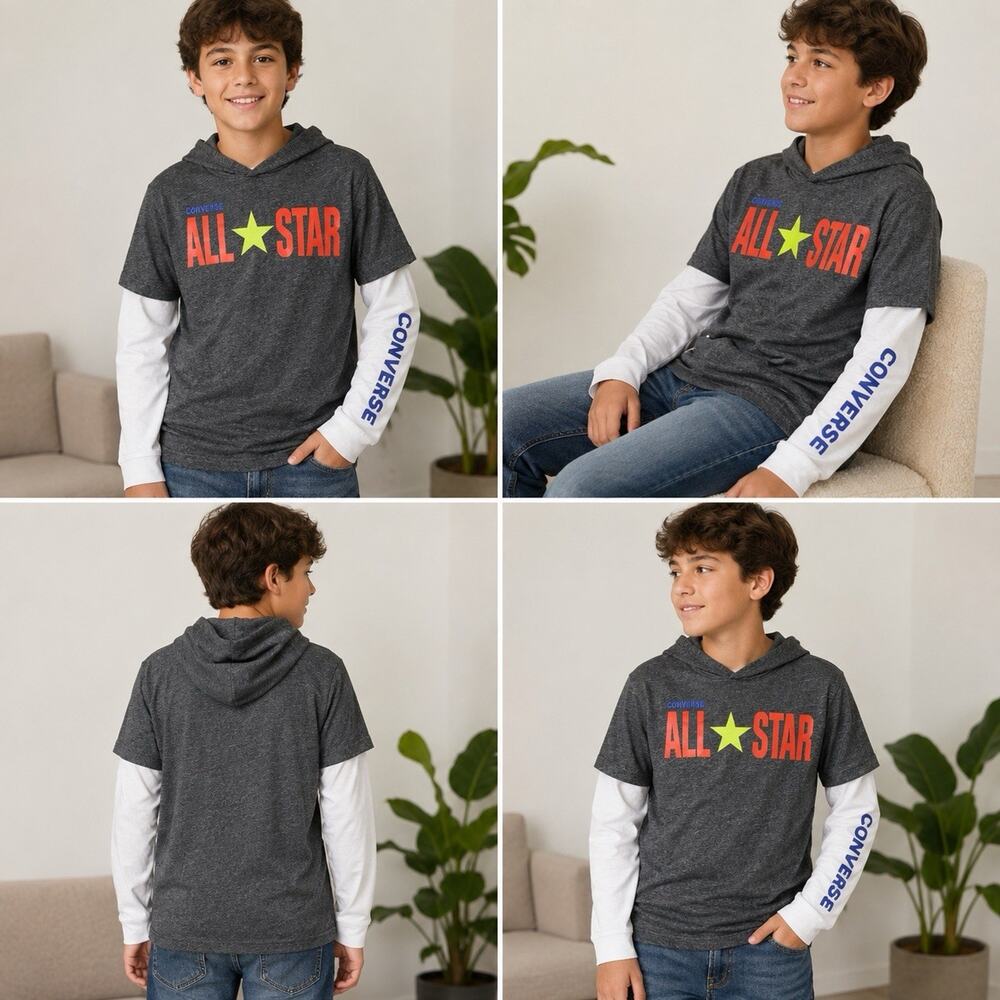 Converse All Star Boys L 12-13 Hooded Layered Long Sleeve Graphic Shirt